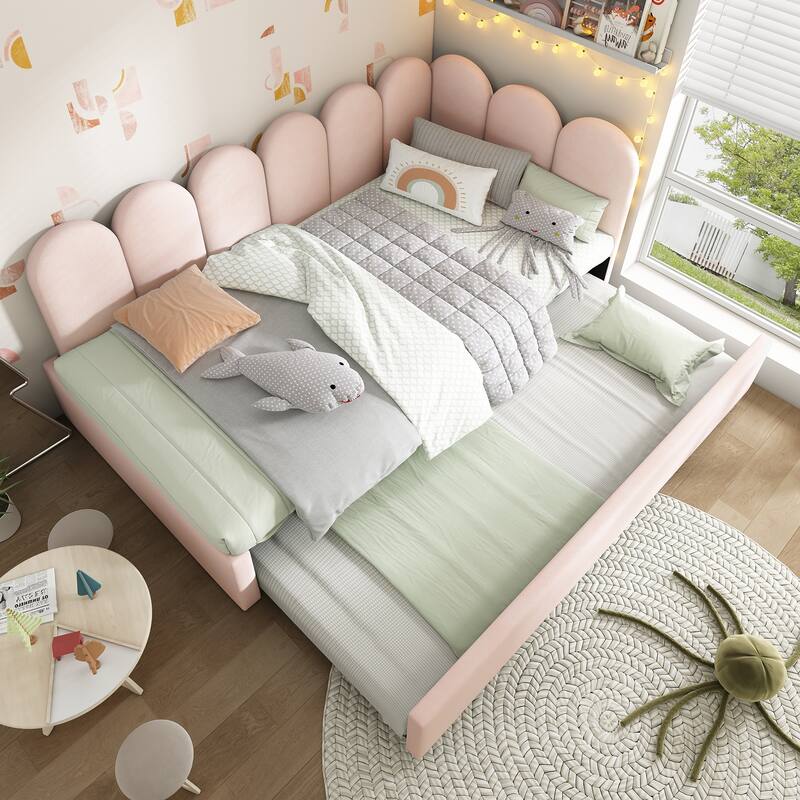 Twin Size Upholstered Daybed with Pull-Out Bed, Velvet Pink Sofa Bed for Adults and Kids, Metal Slatted Frame