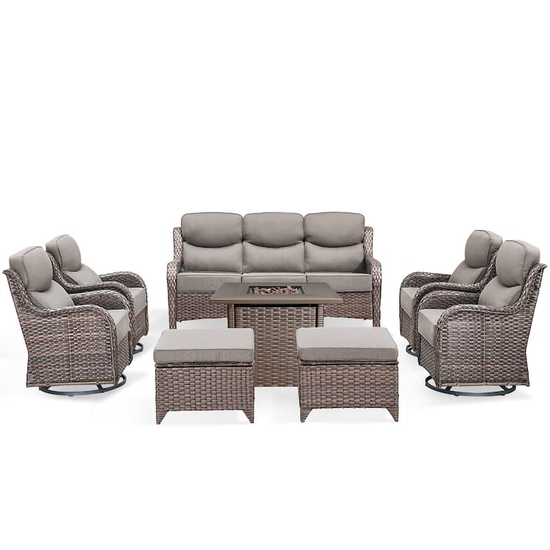 Pocassy 8 Pieces Outdoor 6" Sofa Swivel Chair Ottoman with Fire Pit Table