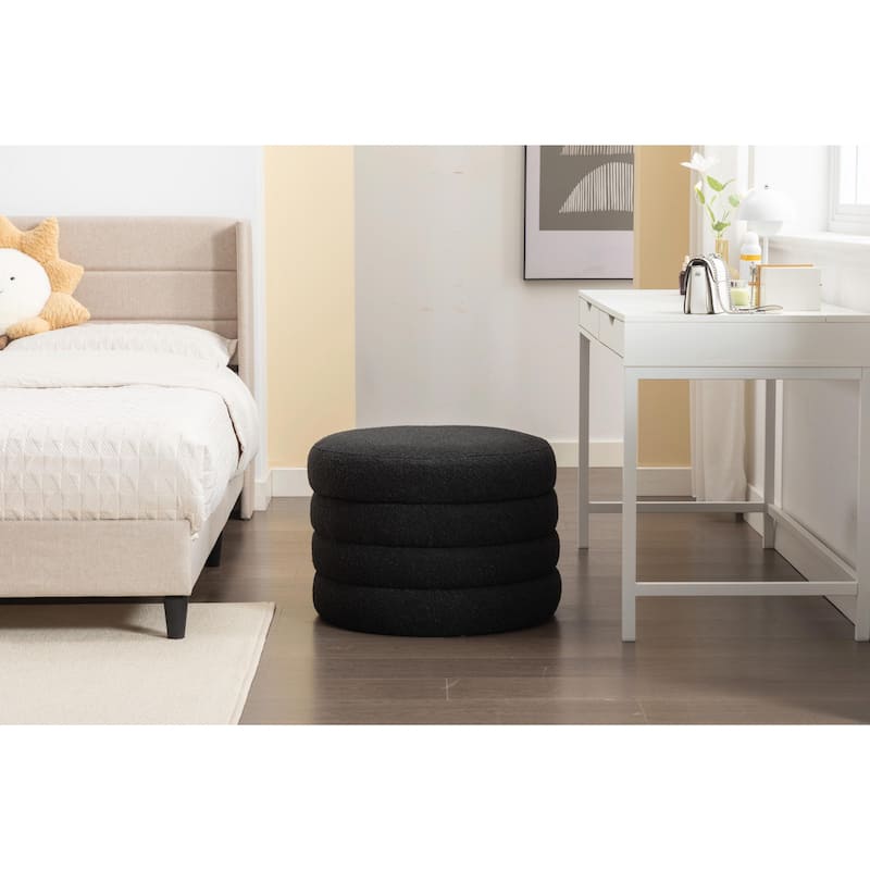 Boucle Fabric Storage Ottoman Footstool with Wooden Shelving