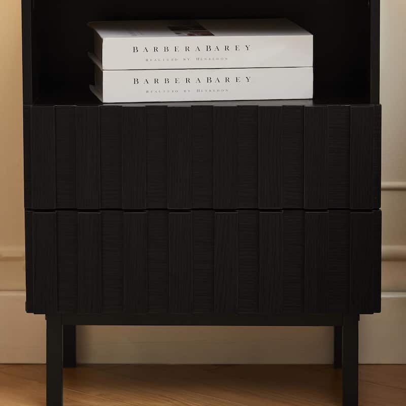 Mid Century Woodgrain Nightstand Pair 2 Drawers Bedside Table