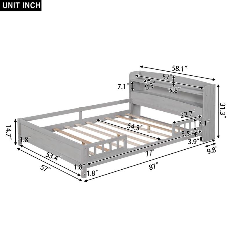 Multifunctional Wood Platform Bed, Twin/Full with LED Headboard Light & Storage
