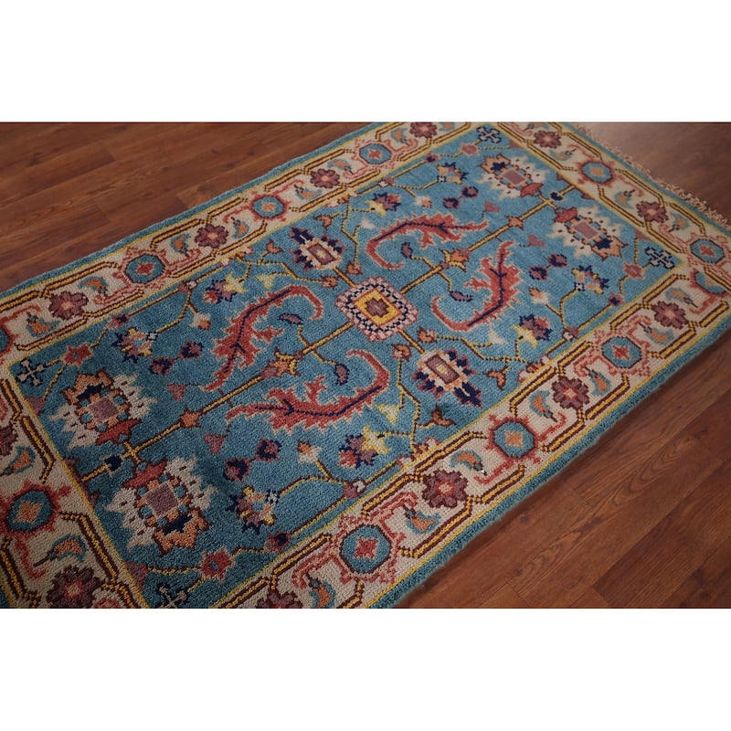 Light Blue Oushak Indian Accent Rug Handmade Wool Carpet - 2'11" X 5'0"