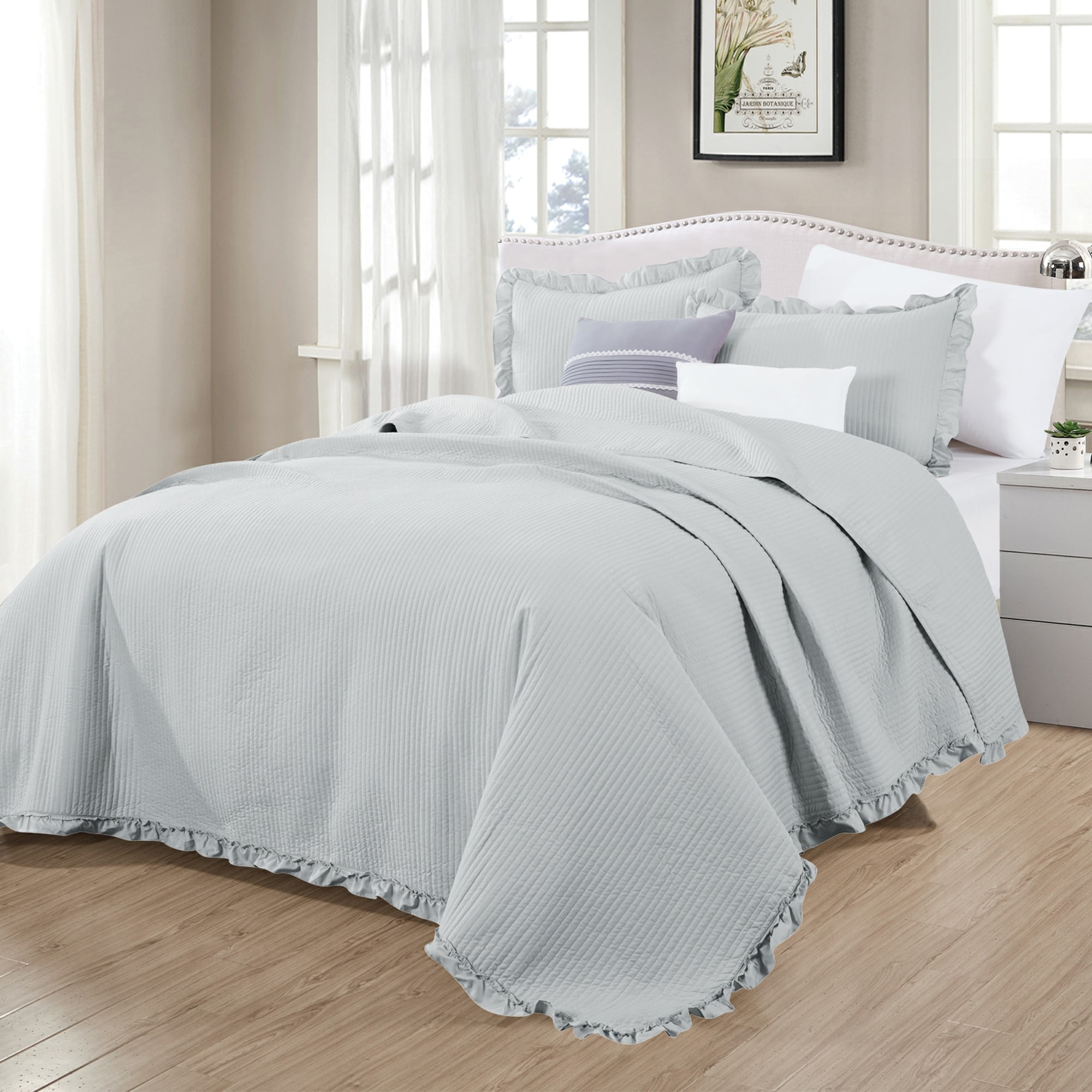 Premium Solid With Ruffle Hem Microfiber Quilt Set With Shams