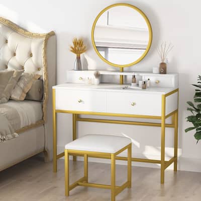 Modern White Gold Vanity Set, Large Makeup Dressing Table with Mirror and Stool