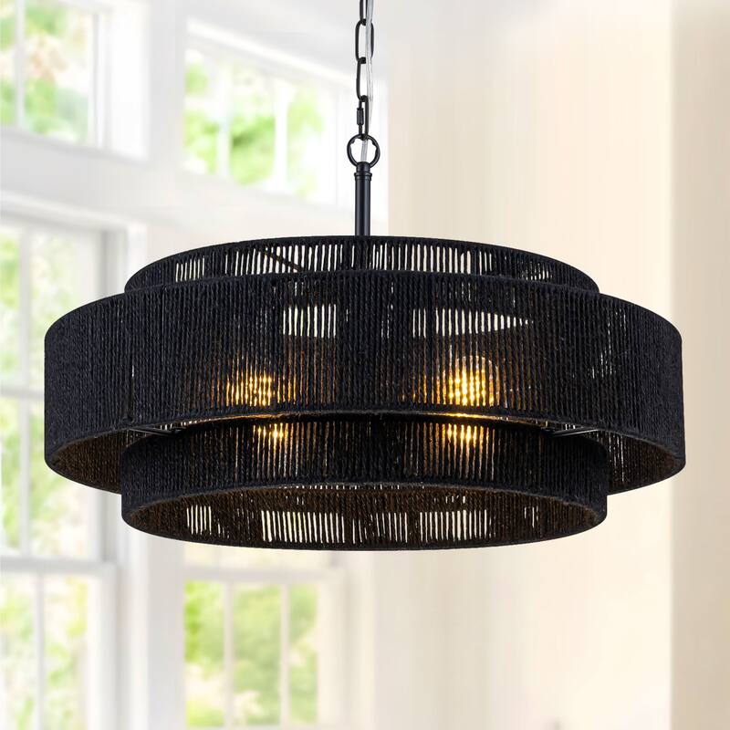 Starsky 4-light Rattan Hand-Woven Hemp Rope Chandelier - Black