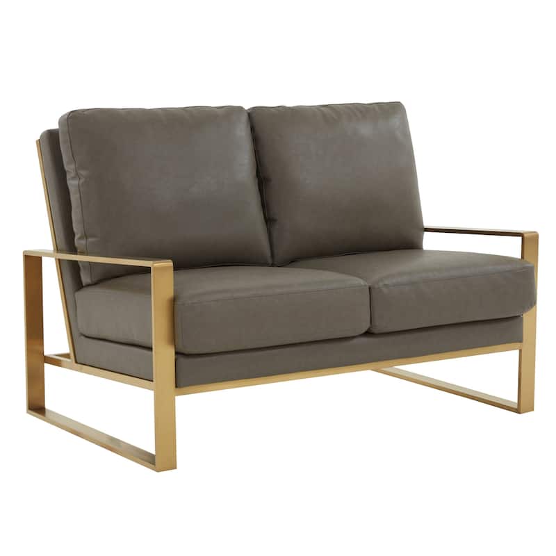 Jefferson Modern Leather Loveseat Gold with Gold Metal Base, Cushion Seating, Pocket Springs, and Protective Floor Pads - 53.1 - Grey