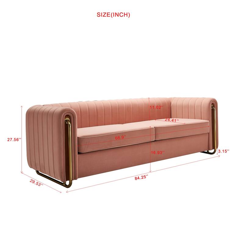 Luxurious Velvet Sofa with Deep Channel Tufting & Polished Gold Legs - 3 Seat Couch
