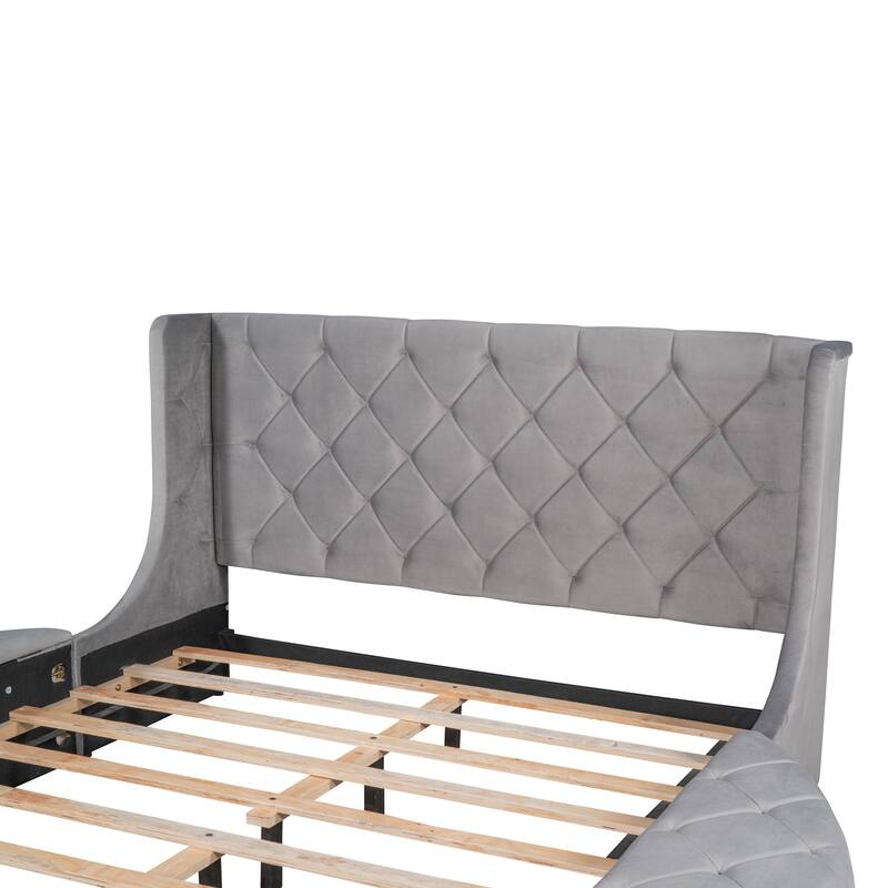 Queen Platform Bed Velvet Upholstered Bed with Wingback Headboard, 2 Side Storage Stool and Large Drawer, Round Low Profile Bed