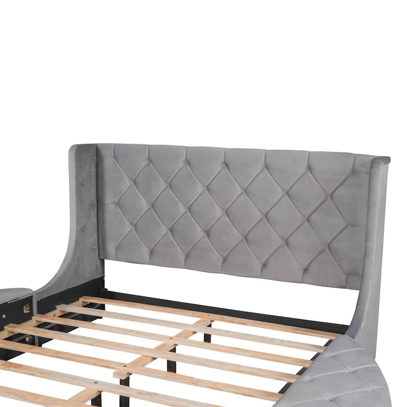 Velvet Queen Platform Bed with Wingback & Storage