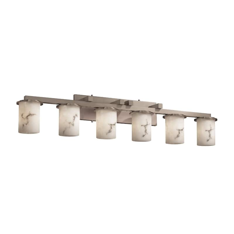 Justice Design LumenAria Dakota 6-light Brushed Nickel Bath Bar, Faux Alabaster Cylinder - Flat Rim Shade - Brushed Nickel