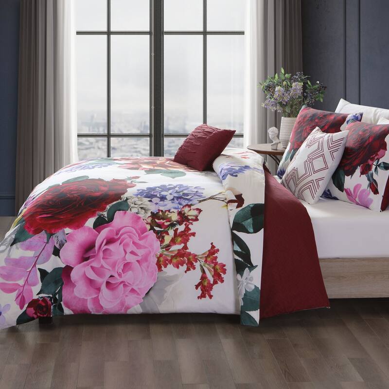 Bebejan Magenta Floral 100% Cotton 5 Piece Reversible Comforter Set