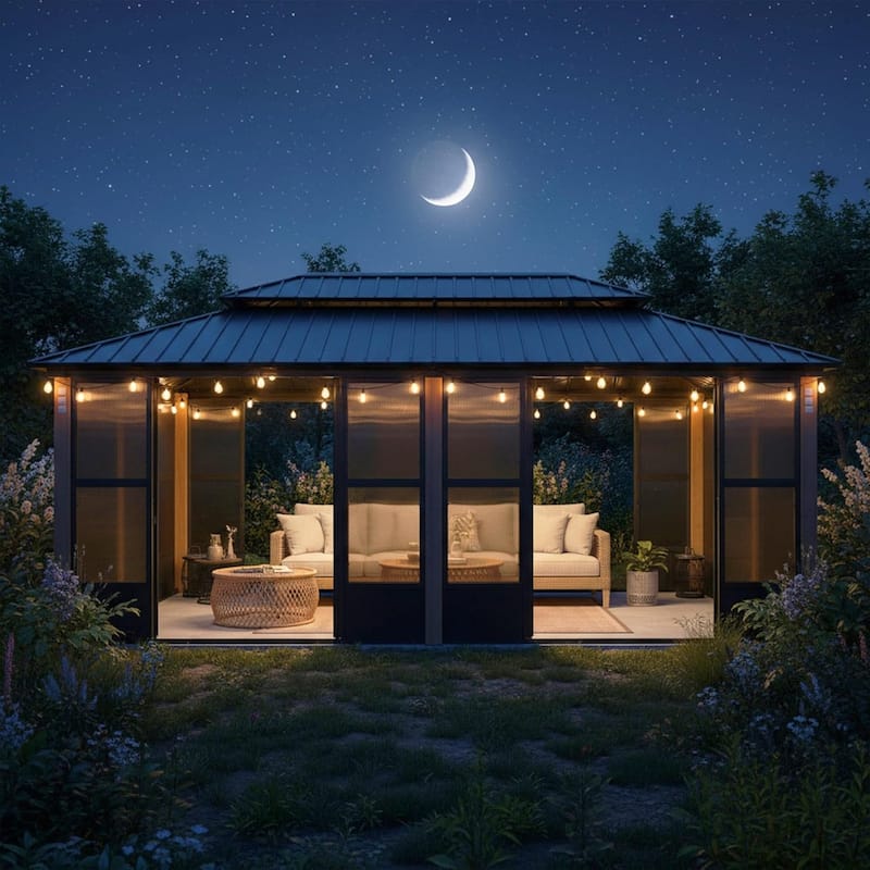 PURPLE LEAF Double Top Outdoor Sunroom Screen House Patio Hardtop Gazebo - 12' x 20' - Black(With Ligths)