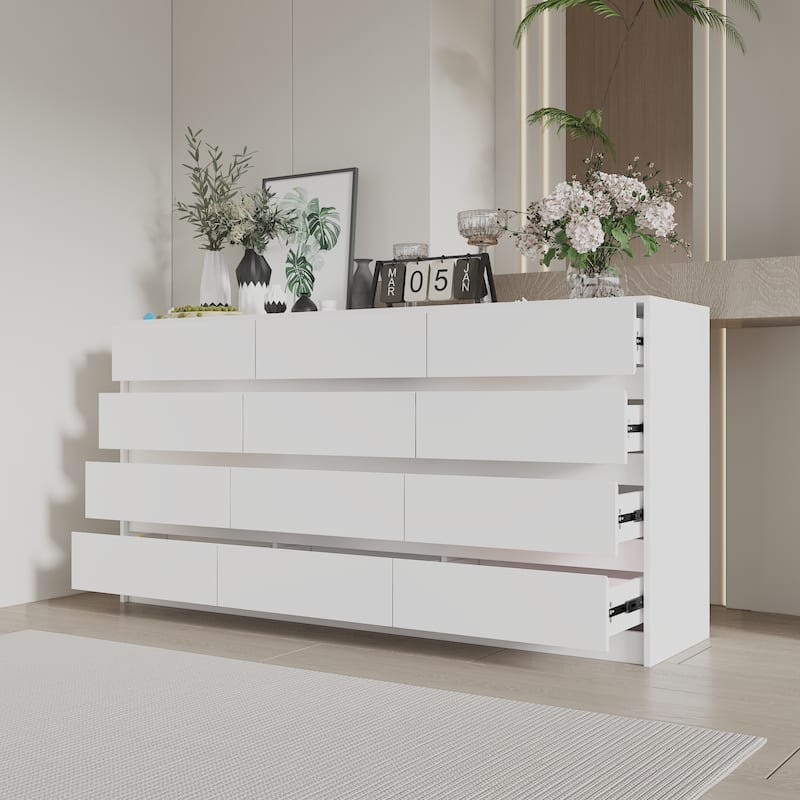 63" Chest of Drawers White Dresser No Handle, Modern 12 Drawer Dresser