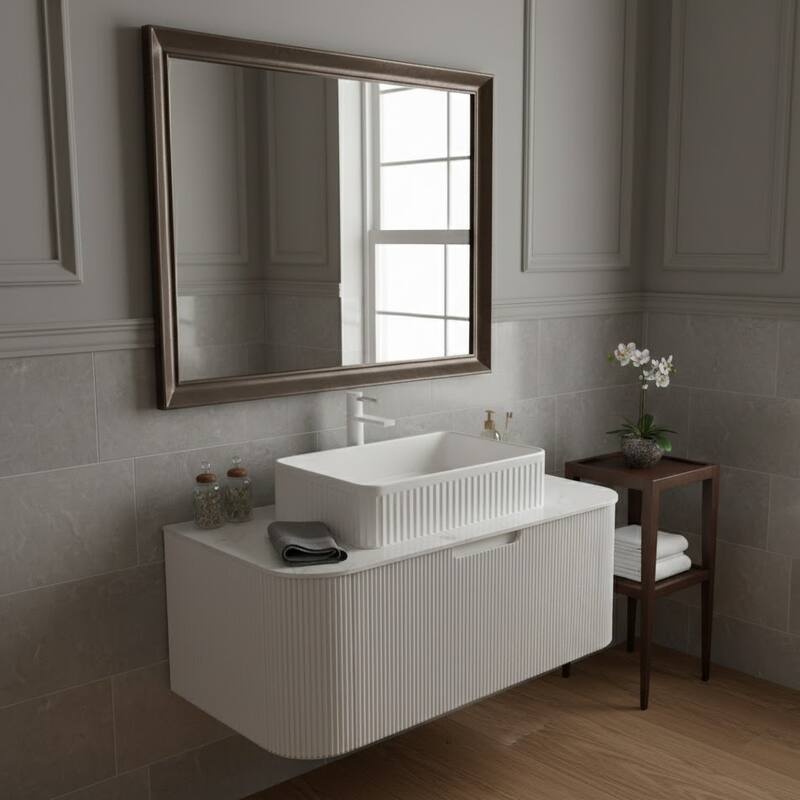 Wall Mounted Bathroom Vanity with White Rectangular Ceramic Basin