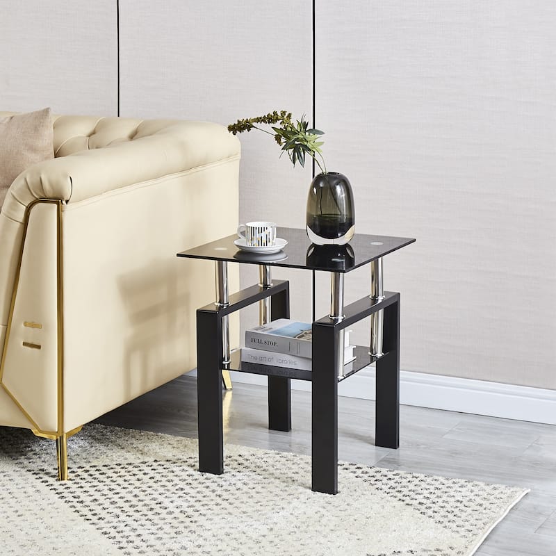 Sleek Black Tempered Glass End Table – Dual-Layer Storage Side Table for Living Rooms‌