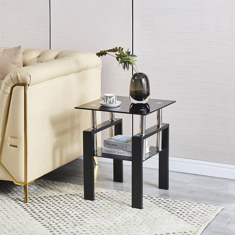 Tempered Black Glass Sofa Table, 2-Layers End Table With Storage - Black