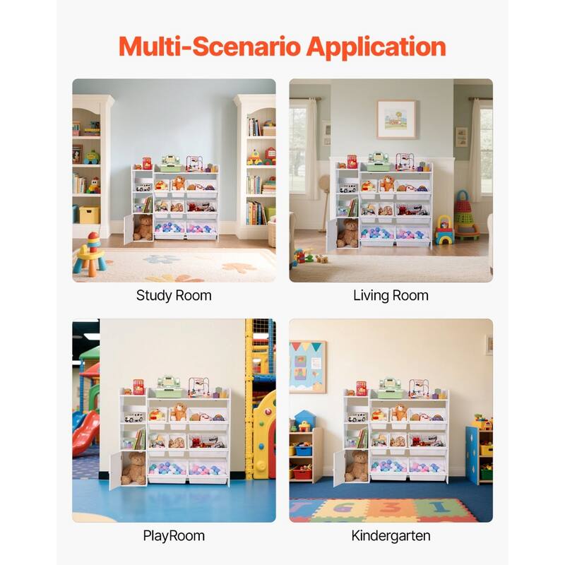 White MDF Kids Toy Organizer with Bookshelves, Bins and Storage Cabinets