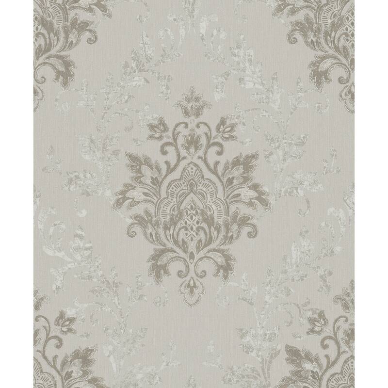 Galerie Wallcoverings Serene Collection Metallic Ornamental Damask Vinyl on Non-woven Wallpaper Roll - 33 feet x 21 inches - Beige