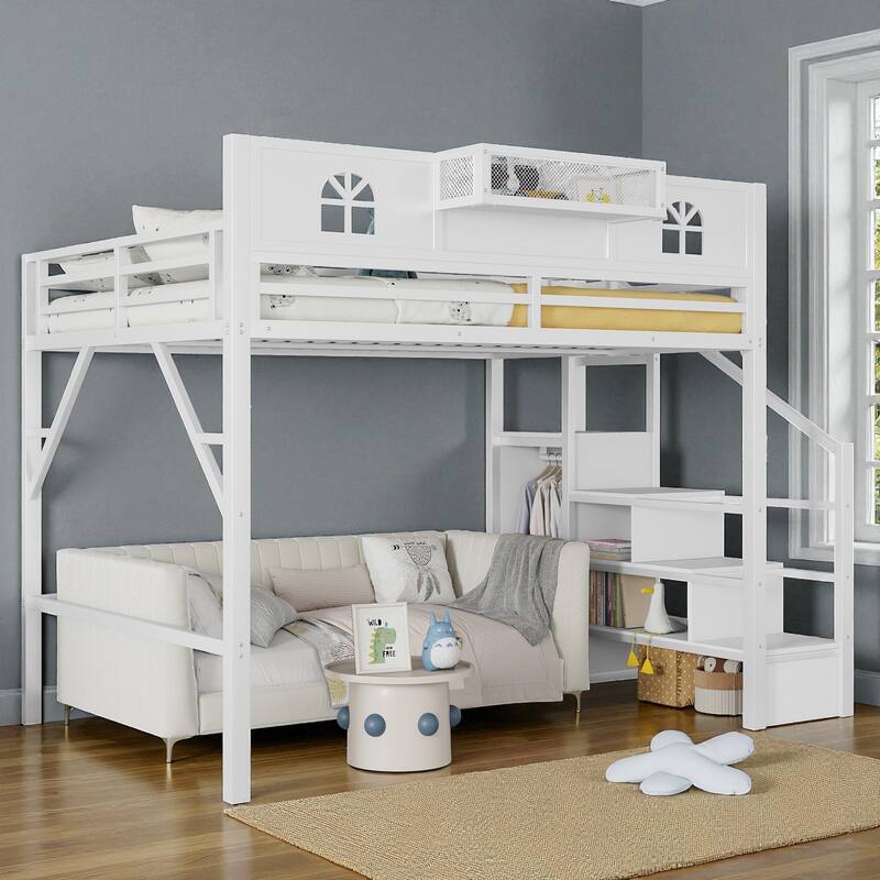 Full/Queen Size Metal Loft Bed with Stairs and Wardrobe, High Loft Bed with House-Shaped Guardrails for Kids and Teens