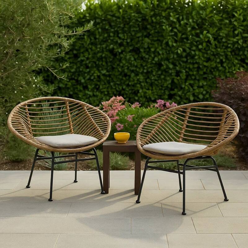 Outdoor Accent Chair Set of 2, Beige, Basket Brown Faux Rattan, Black