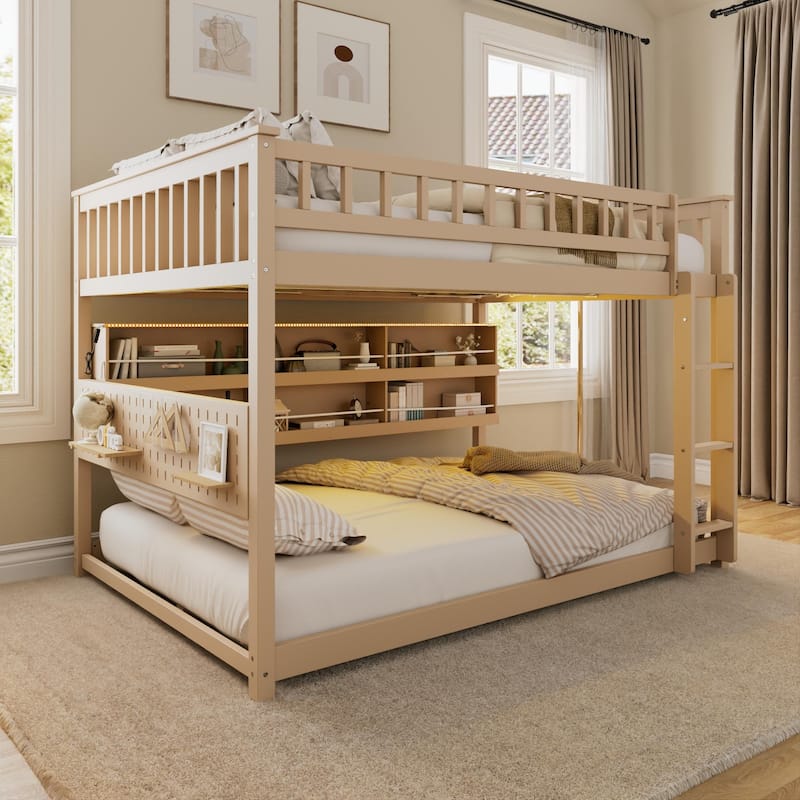 Full XL over Queen/Full over Full Bunk Bed with Integrated Shelving, Color-Changing Lights & Pegboard