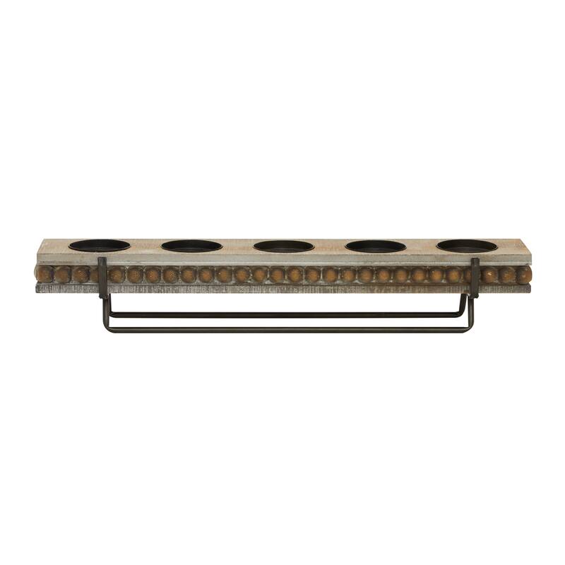 Wooden Beaded Pillar 5 Plate Candelabra - Brown - Roche River Decor - 5"W x 24"L x 4"H