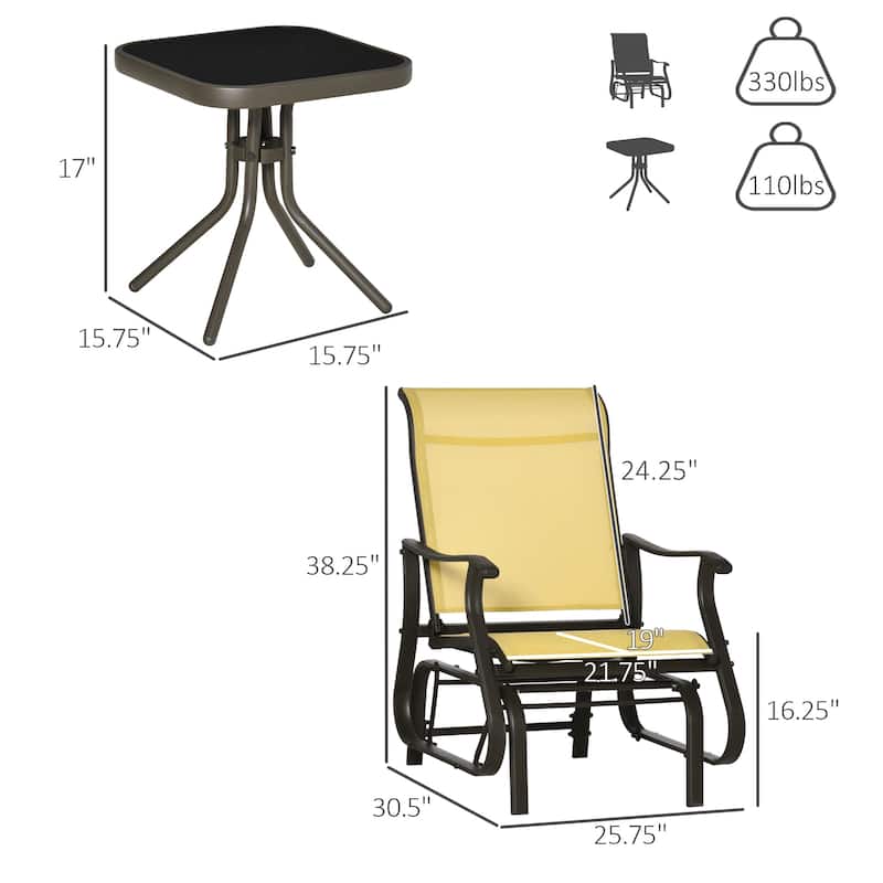 3-Piece Outdoor Gliders Set Bistro Set with Steel Frame, Tempered Glass Top Table for Patio, Garden, Backyard, Lawn, Bei