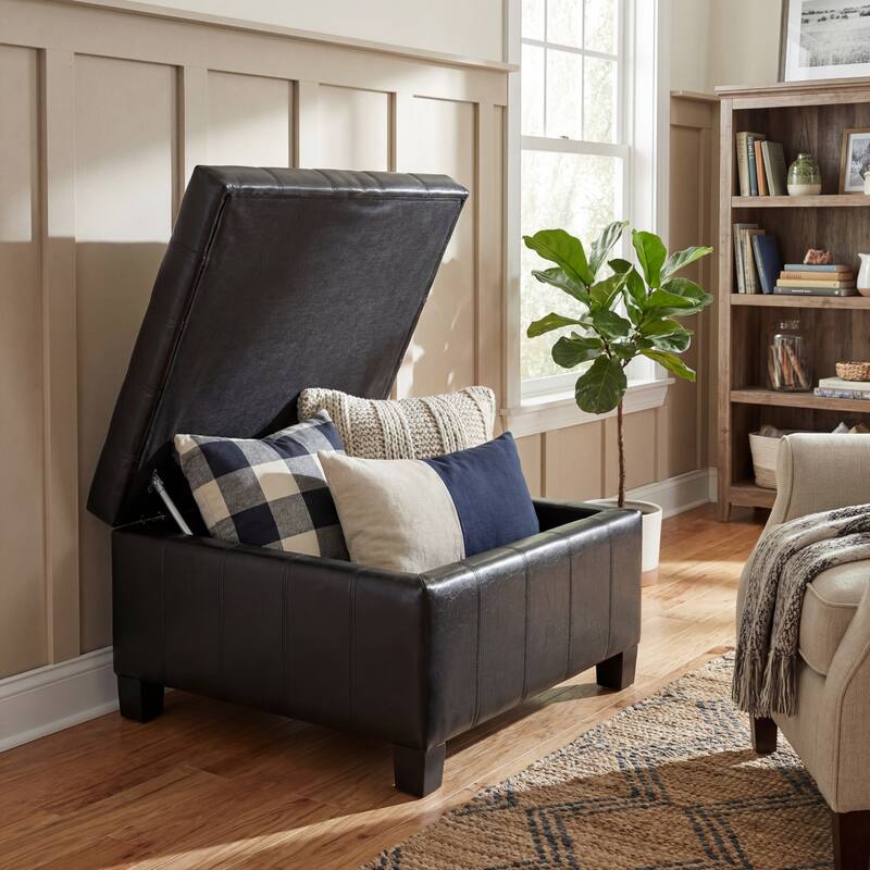 30.25" Square PU Storage Ottoman with Lift-Top & Rubber Wood Legs