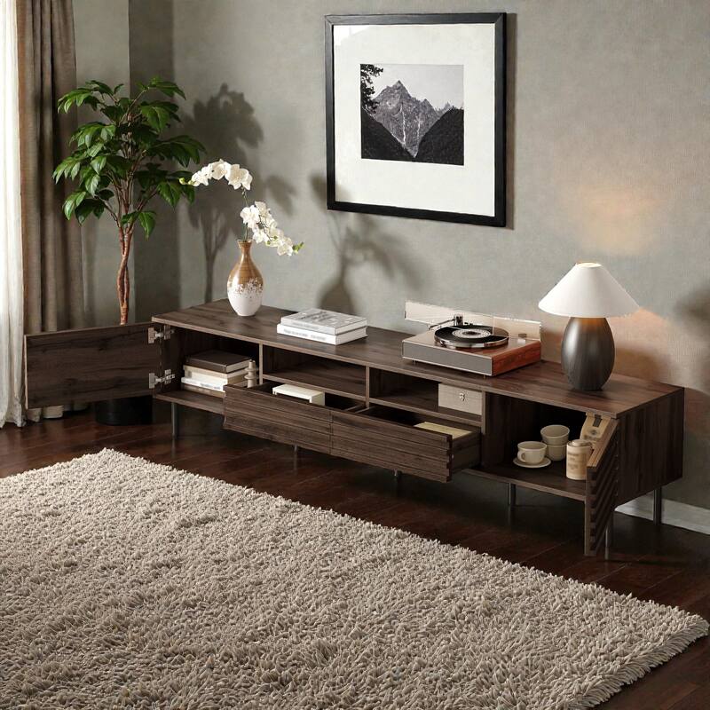 78.7" Modern Walnut TV Stand for TVs up to 85 Inch, Entertainment Center with Slatted Doors, Soft-Close Hinges
