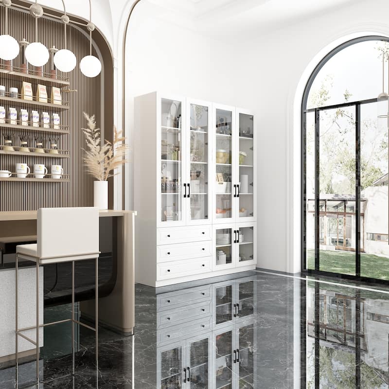 White Storage Solution with Ambient Light Features Pantry Bookshelves - 63"X78.7“
