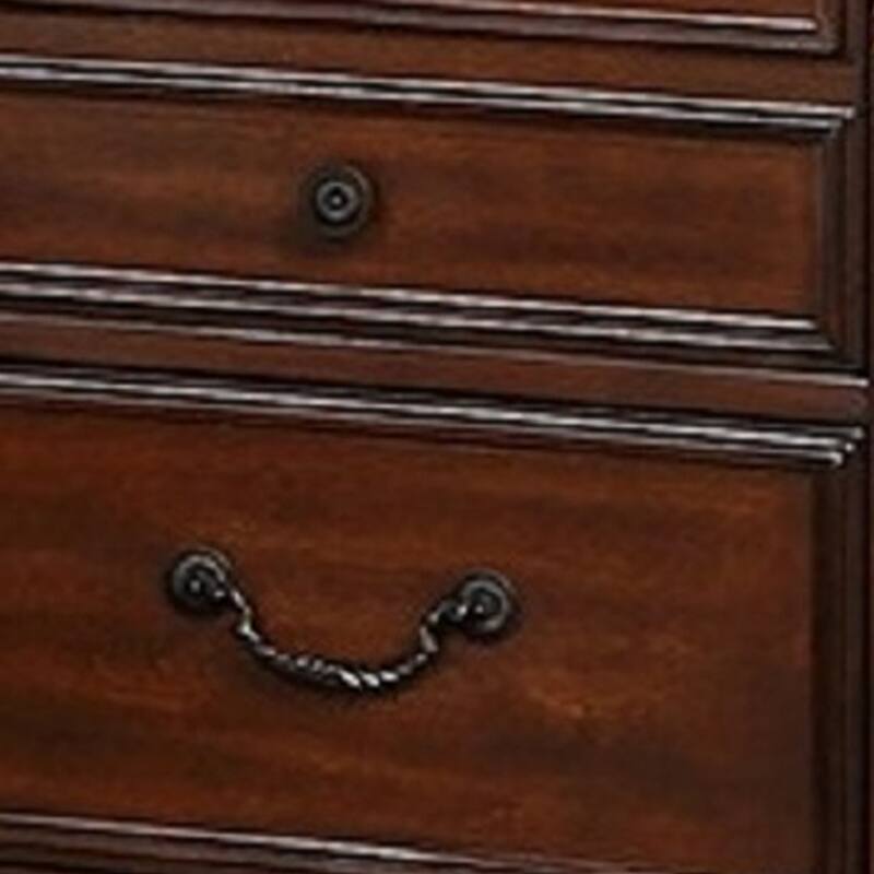 Miri 25 Inch 3 Drawer Nightstand, Brass Carved Accents, Cherry Oak Brown