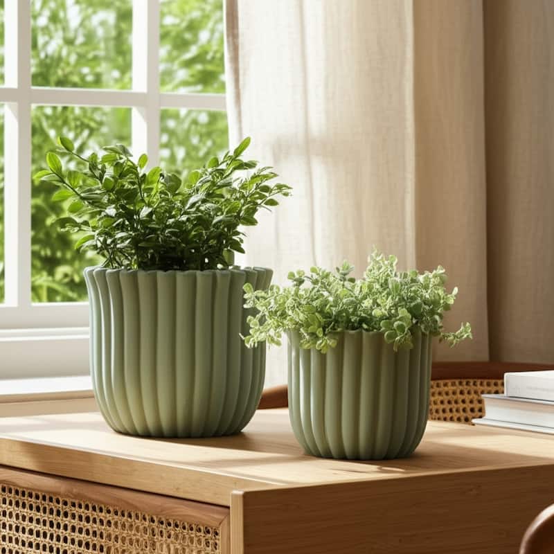 Pottery Cement Planters Textured Ribbed Sculptural Design (Set of 2) - 7.5" x 7.5" x 6"