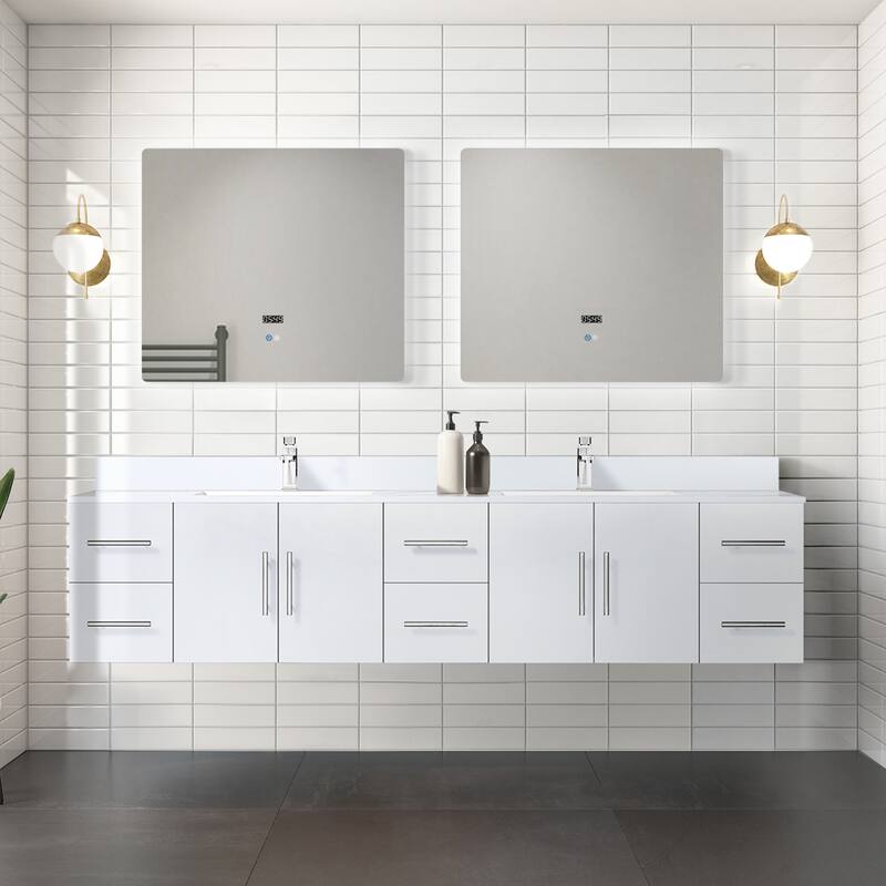 Geneva 84 in. W x 22 in. D Dark Grey Double Bath Vanity, Cultured Marble Top, Faucet Set, and 36 in. LED Mirrors - 84 Inch - Glossy White