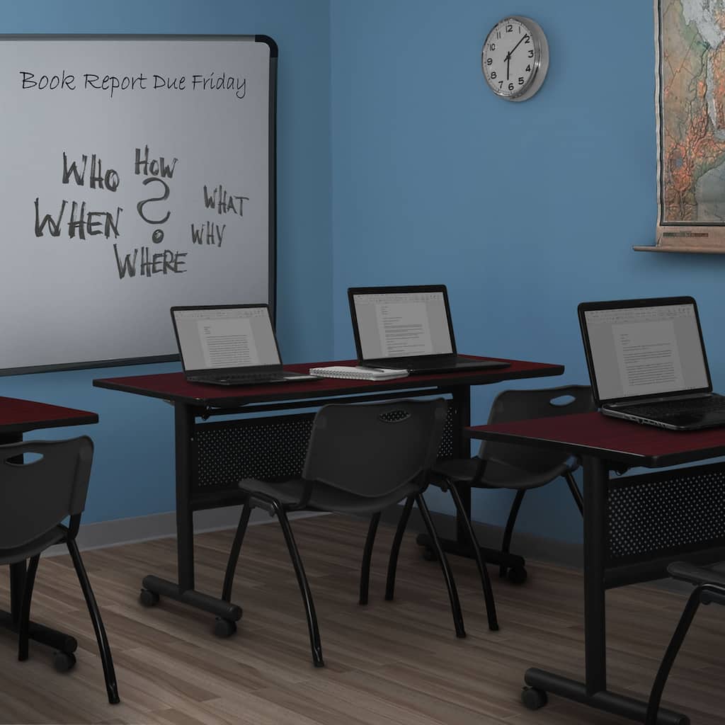 72" x 30" Flip Top Mobile Training Table with Modesty Panel- Mahogany and 2 "M" Stack Chairs- Black