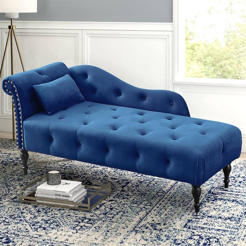 60"W Velvet Chaise Lounge, Tufted with Pillow & Nailhead Decorate - 60.6W" x 27.5D" x 28.3"H