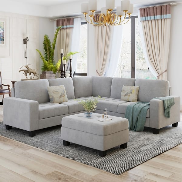 slide 2 of 19, Sectional Corner Sofa L-shape Couch Space Saving with Storage Ottoman & Cup Holders Design for Large Space Dorm Apartment