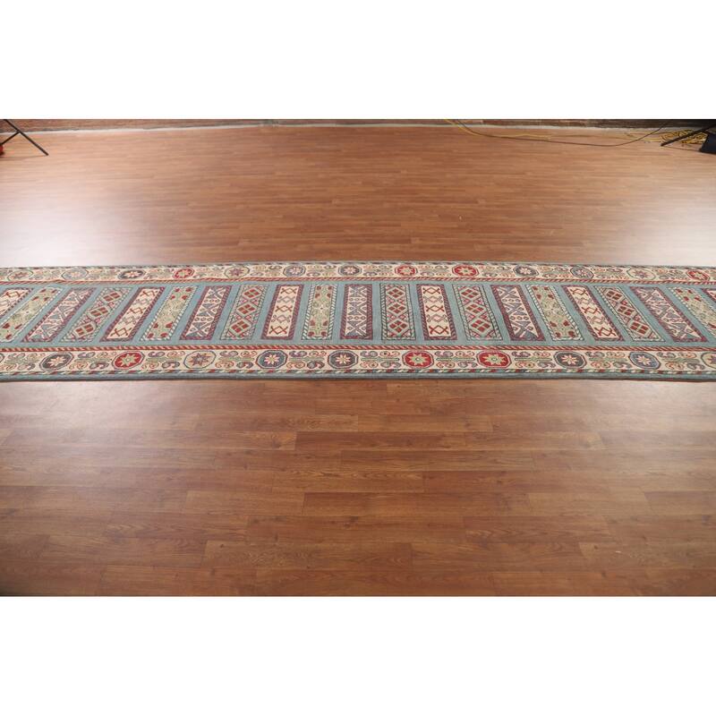 Kazak Runner Rug Handmade Blue Wool Carpet - 3'2" x 16'4"