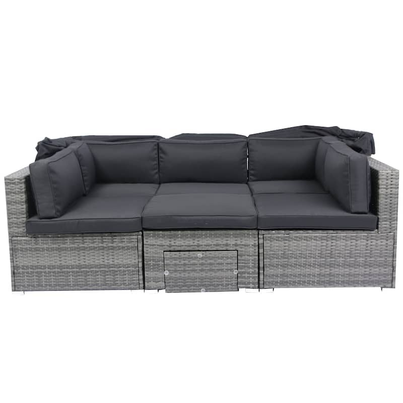 7-Piece outdoor Patio Retractable Canopy Wicker Rattan Sectional Sofa Set with Black Cushions - 78.74"X74.80"