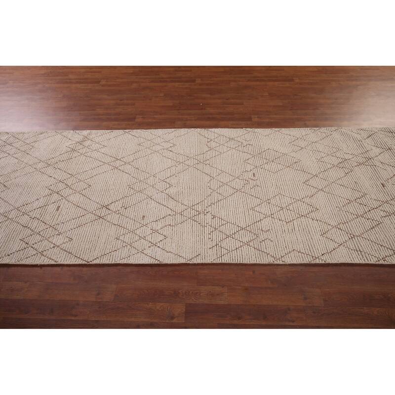 Ivory Trellis Moroccan Oriental Runner Rug Hand-Knotted Wool Carpet - 3'9"x 13'0"