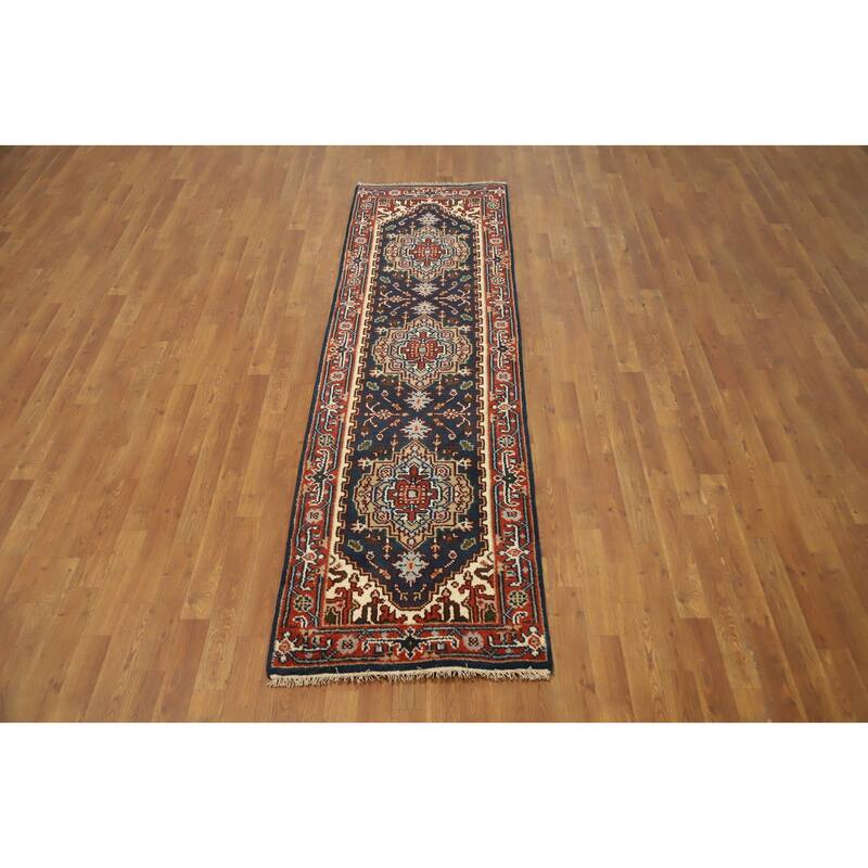 Hand Knotted Oriental 100% Wool Carpet Traditional Geometric Navy Blue & Blues Heriz (serapi) Runner Rug - 8' 4'' X 2' 5''