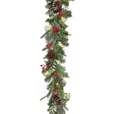 6ft Artificial Mixed Frosted Berry Twig Pine Cone & Pine Christmas Garland with Geometric Crystal String Light Set