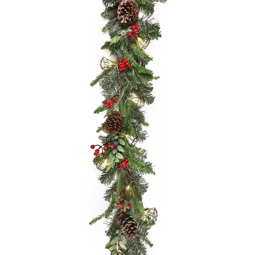 6ft Artificial Mixed Frosted Berry Twig Pine Cone & Pine Christmas Garland with Geometric Crystal String Light Set