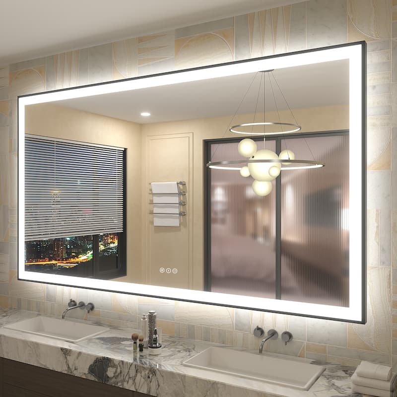 Front & Back LED Anti-Fog Tempered Glass Framed Bathroom/Vanity Mirror 3-Year Warranty - 72" x 40"-Square Corner - Black