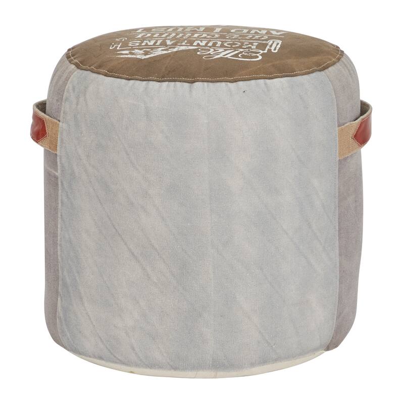 Brown Canvas Pouf with Leather Accents
