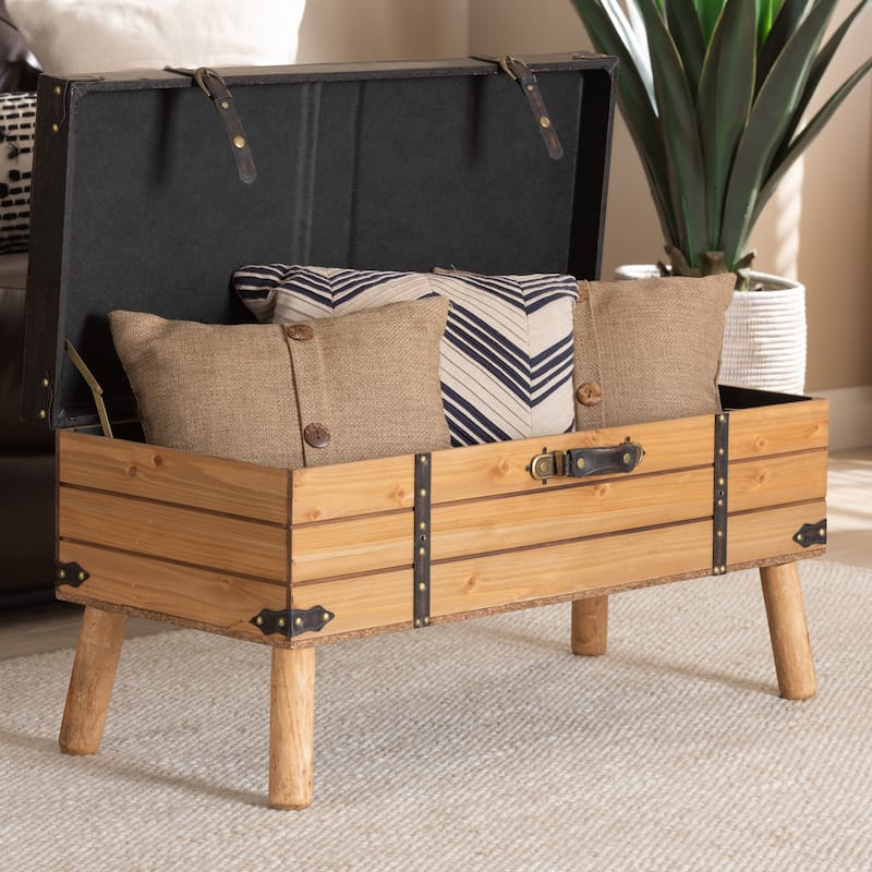 Amena Dark Brown PU Leather and Oak Wood Large Storage Ottoman