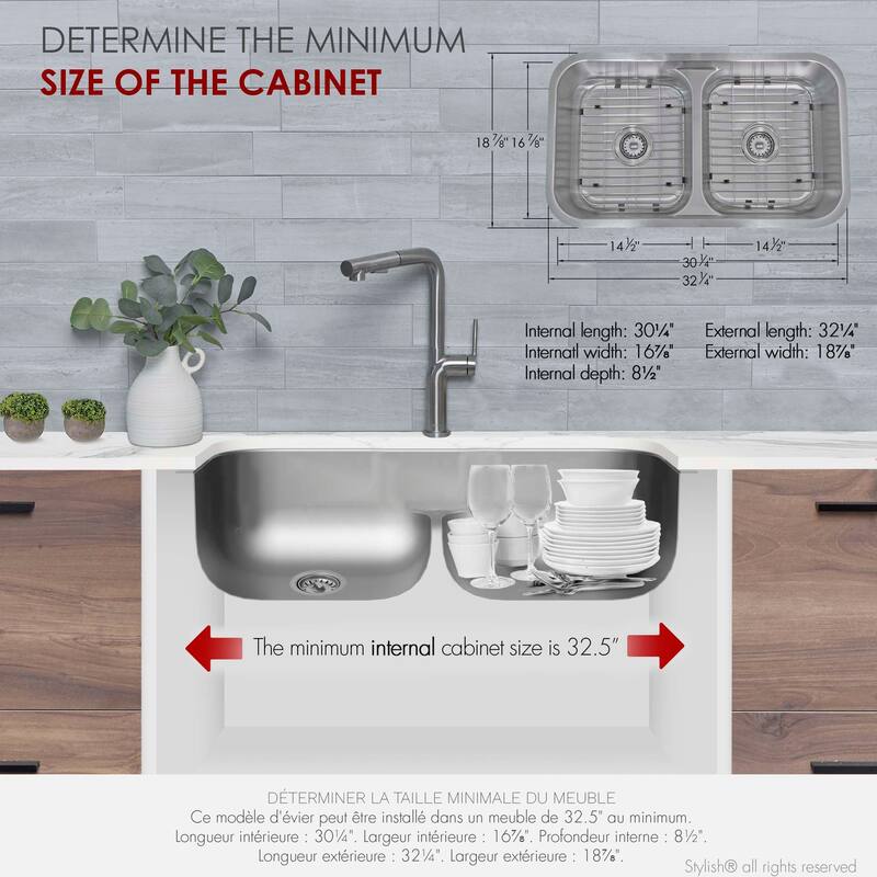 STYLISH 32.25 inch Low Divider Double Bowl Undermount and Drop-in Kitchen Sink - 32.25" x 18.9" x 9"