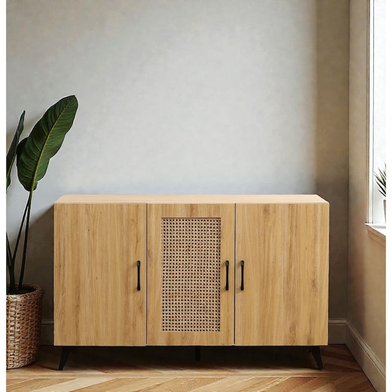 45" Three-Door Storage Cabinet with Natural Rattan Mesh, Large Kitchen Sideboard for Living Room, Dining Room, or Restaurant