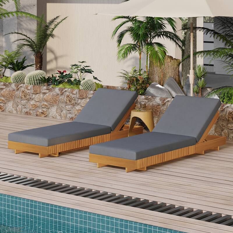 Christopher Knight Home - Gimmie Lounge Chaise Set Solid Acacia Wood with Waterproof Cushion & Adjustable Backrest - Dark Grey + Set of 2