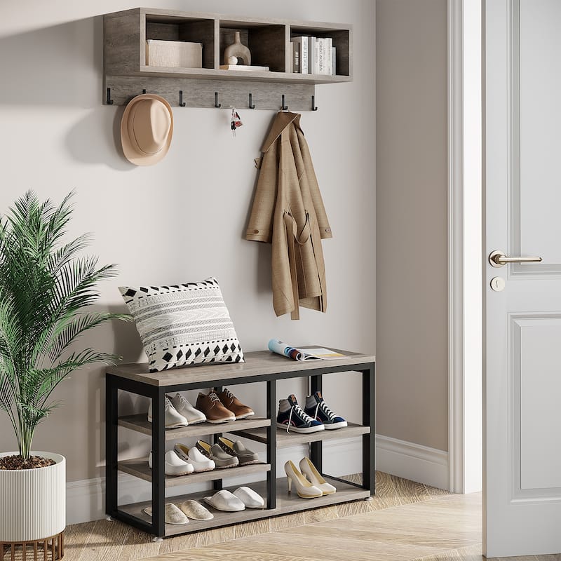Modern Shoe Bench and Wall-Mounted Coat Rack Set foe Entryway - Wash Grey