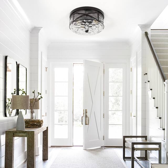 2-Light Flush Mount Glass Ceiling Light with Metal Frame - N/A